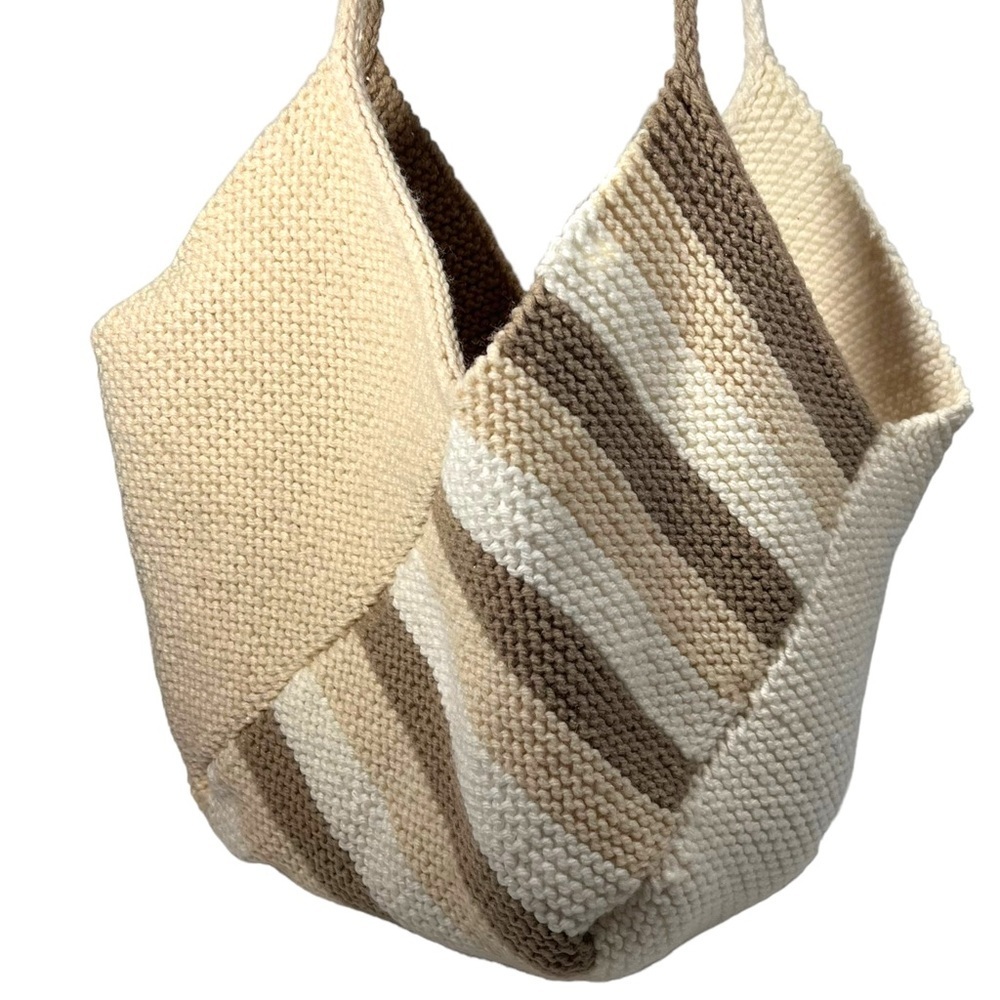 Handmade Color Block Knitted Shoulder Tote Bag Handkerchief Edge Boho Tote‎